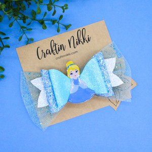 Hndmade Blue Cinderella Princess Glitter Hair Bow